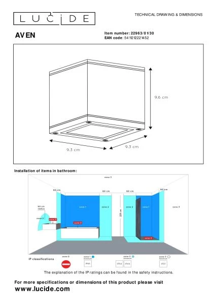 Lucide AVEN - Ceiling spotlight Bathroom - 1xGU10 - IP65 - Black - technical